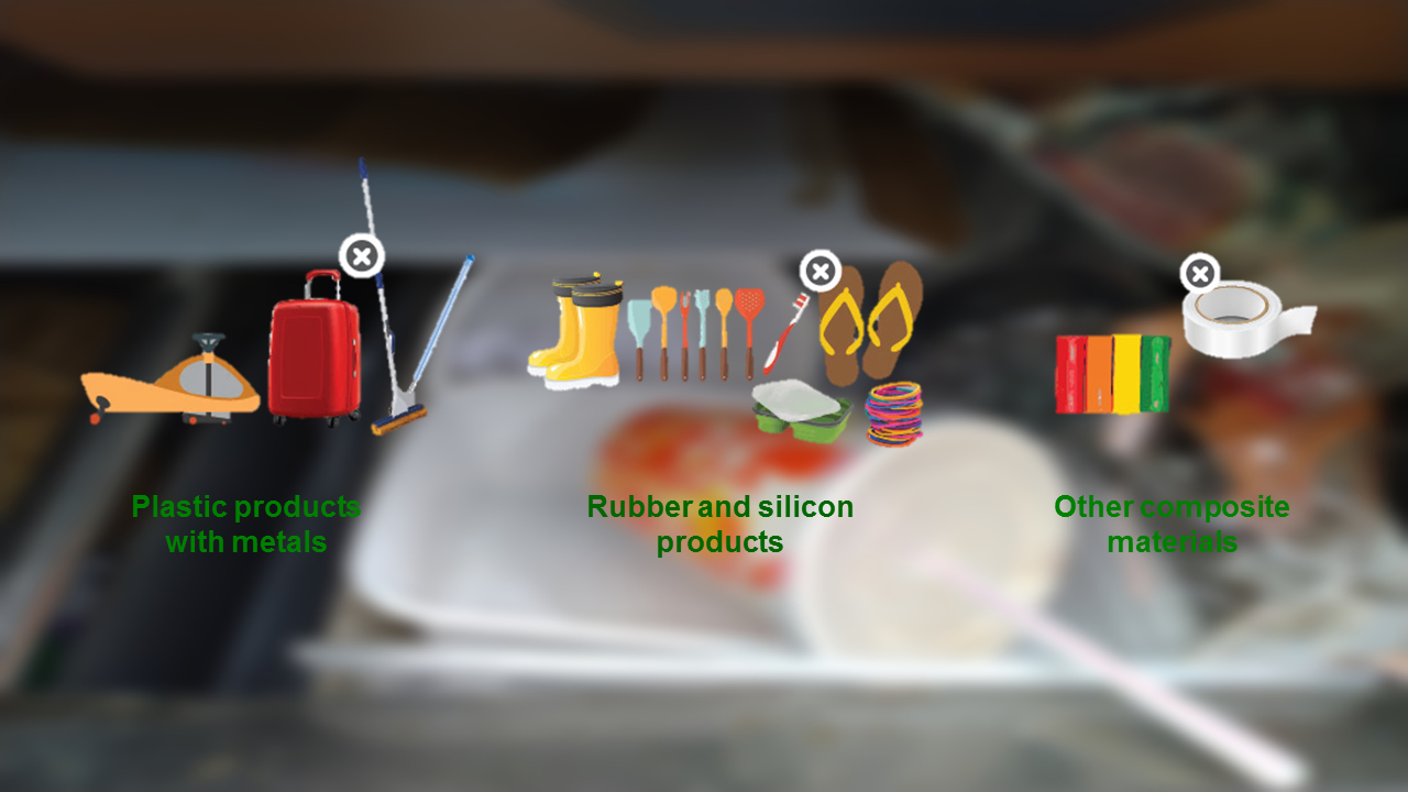 Plastic products with metals; rubber and silicon products; other composite materials