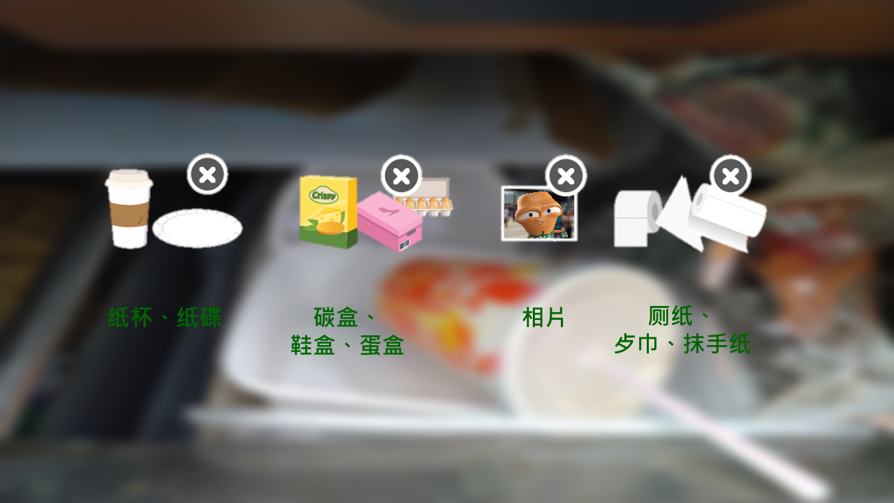 纸杯、纸碟；碳盒、鞋盒、蛋盒；相片；厕纸、餐巾、抺手纸