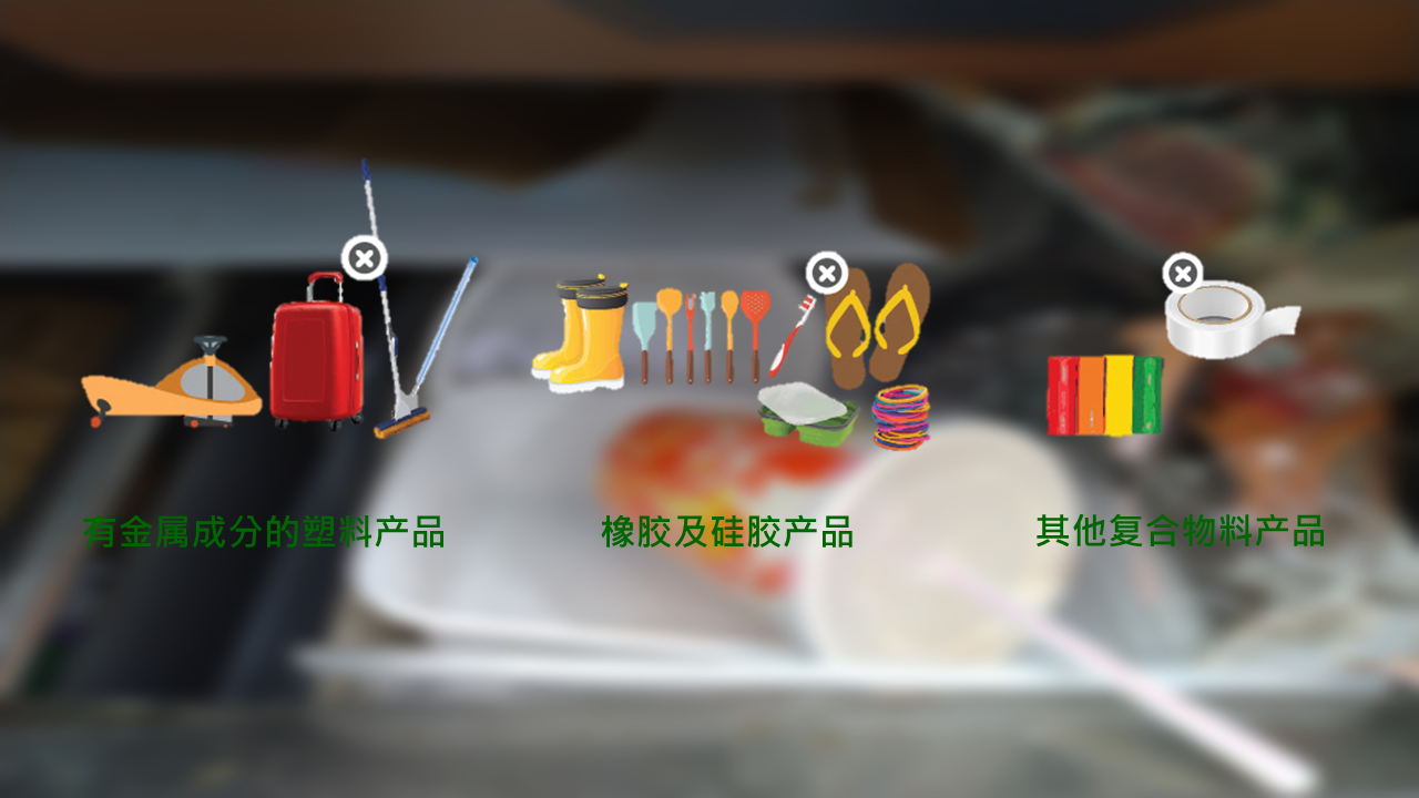 有金属成分的塑胶产品；橡胶及硅胶产品；其他复合物料产品